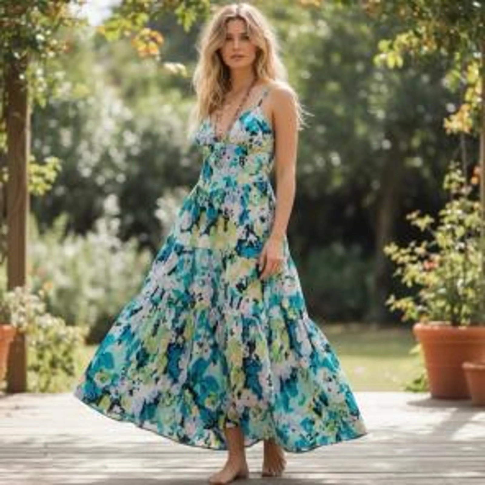 Free People Long Love Triangle Printed Embroidered Dress L Boho Summer Maxi